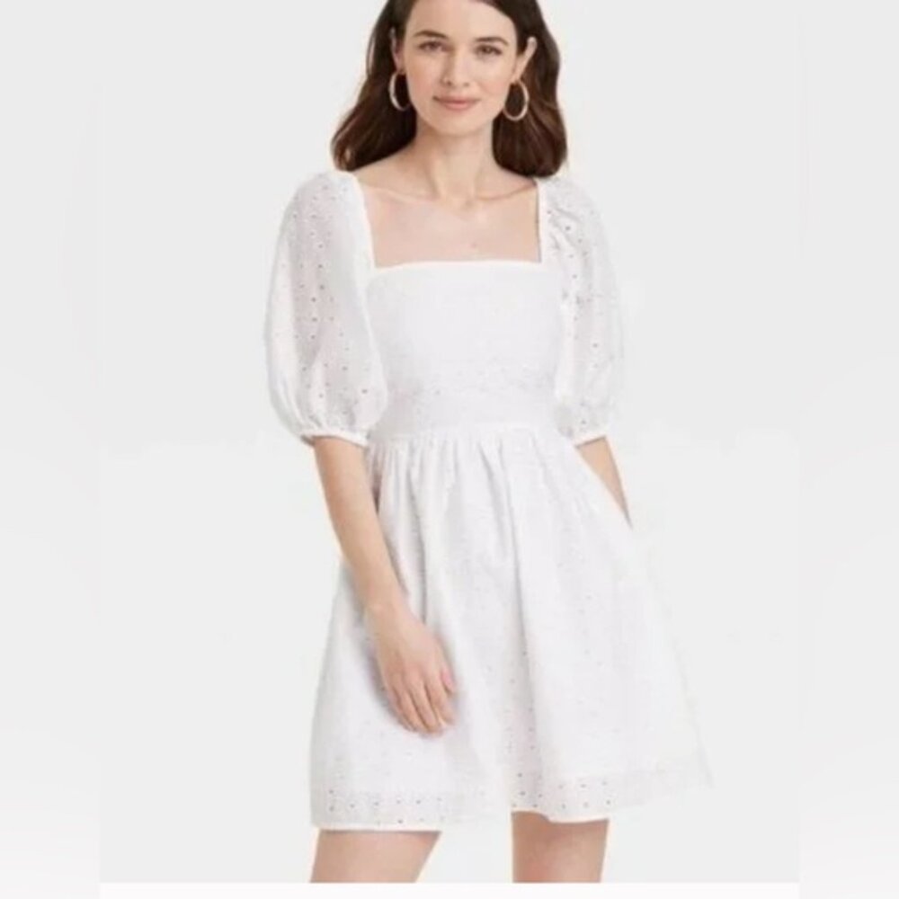 a new day Eyelet Lace Mini Dress S Cut Out Back Puff Short Sleeve White
